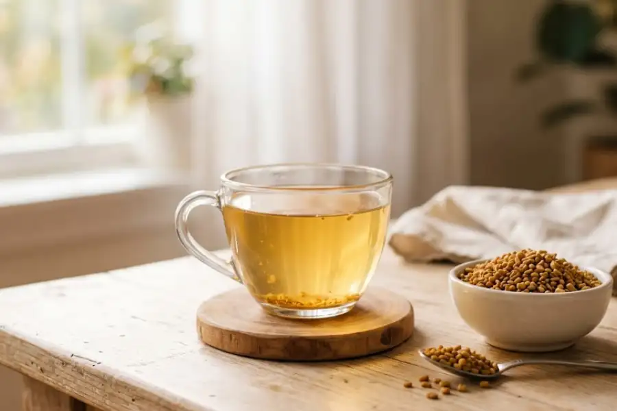 Foenegriek: Benefits, Uses, Side Effects, and How to Take It 3 A warm cup of foenegriek tea with whole fenugreek seeds beside it on a cozy morning table setting