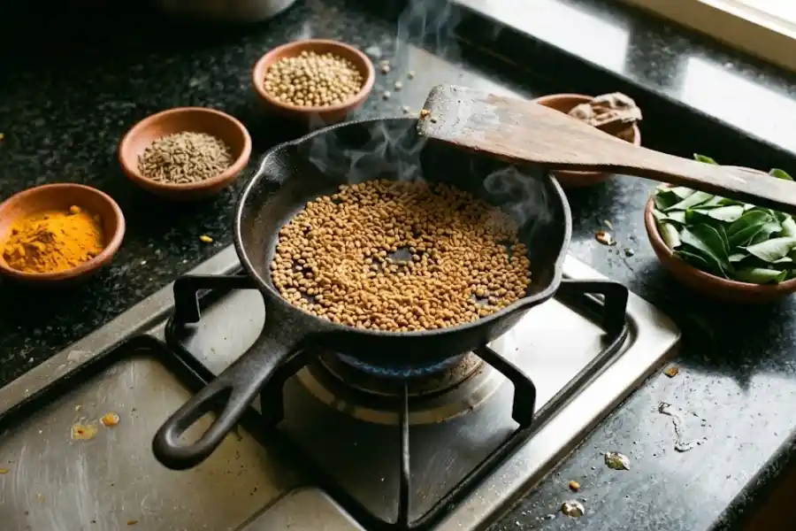 Foenegriek: Benefits, Uses, Side Effects, and How to Take It 2 Foenegriek seeds being toasted in a pan alongside Indian spices and fresh ingredients on a kitchen counter
