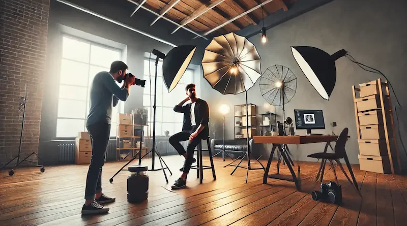 Photographer taking pictures of a model sitting on a stool in a well-equipped studio with umbrella lights, various lighting equipment, and a desk with a computer.