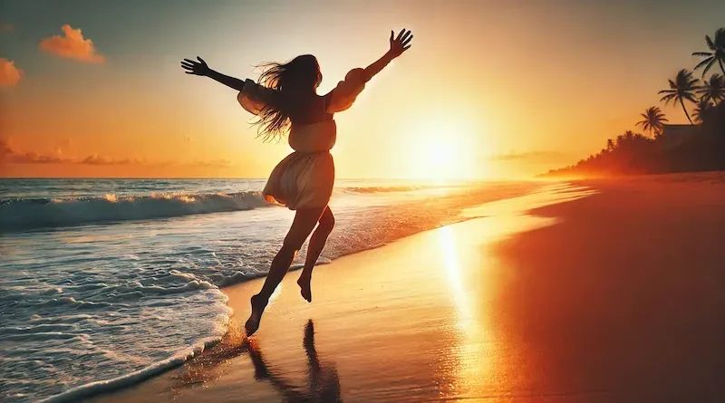 Woman joyfully running along the beach at sunset with arms outstretched, embracing the warm glow of the setting sun. The sky is a gradient of oranges and yellows, reflecting on the calm ocean waves.