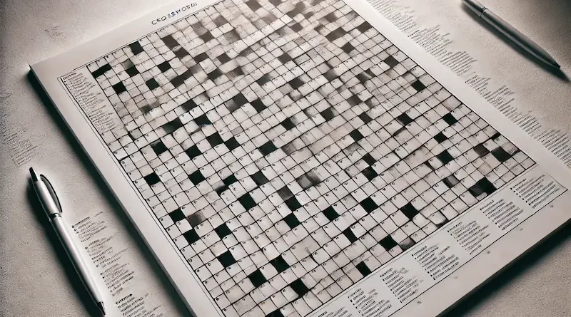 Wide aspect ratio image of a completed crossword puzzle with black and white squares and neatly written words, set against a clean white background.