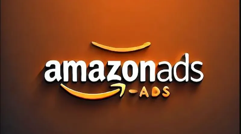 A modern image showcasing the "amazonads" logo on a gradient orange and brown background. The logo features the Amazon smile arrow, with the text "amazonads" in white and "ADS" in a smaller font, all designed with subtle 3D effects for a polished, professional look.