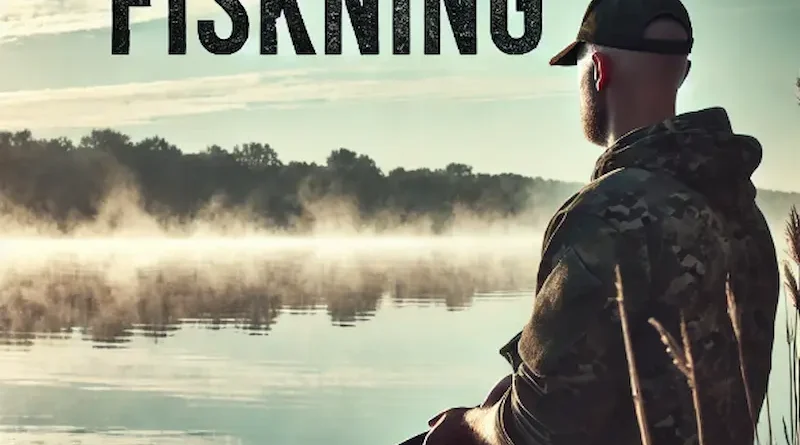 A person in camouflage attire fishing by a misty lake at dawn, with the word "FISKNING" written at the top. The scene is calm and serene, with soft light and reflections on the water, evoking a peaceful outdoor experience.