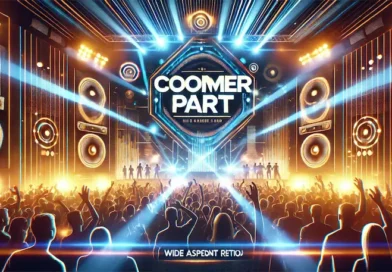 Lively concert scene with a vibrant stage, dynamic lighting effects, and a crowd of people raising their hands. A large screen displays the text "COOMER PART" in bold, futuristic font, capturing the energetic and exciting atmosphere of the live music event.