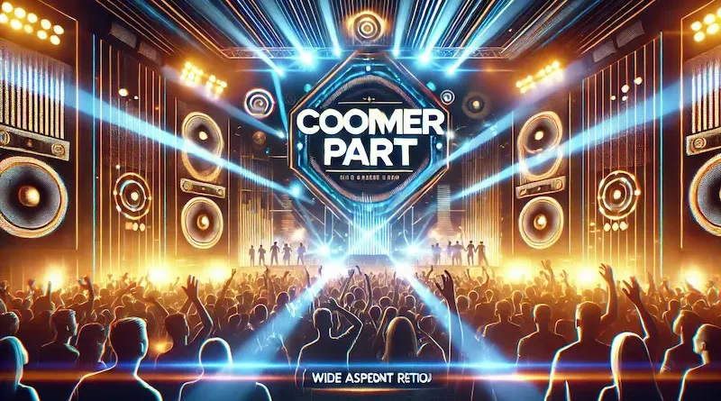 Lively concert scene with a vibrant stage, dynamic lighting effects, and a crowd of people raising their hands. A large screen displays the text "COOMER PART" in bold, futuristic font, capturing the energetic and exciting atmosphere of the live music event.