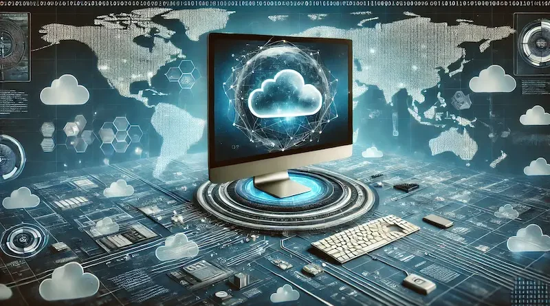 Futuristic computer interface with a monitor displaying interconnected cloud services, a world map in the background, and various digital elements like binary code and holographic graphics floating around.