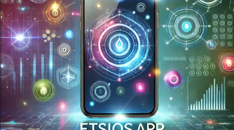 futuristic smartphone displaying a digital interface surrounded by holographic icons and data visuals. The text "ETSIO App Release Date" is displayed at the bottom, indicating the launch of a new app.