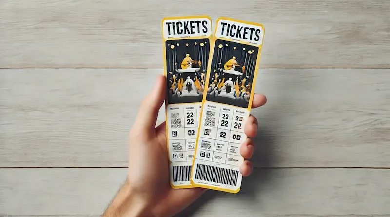 Hand holding two event tickets with yellow edges, barcodes, and event details, against a light-colored wooden surface background.