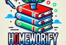 A vibrant digital illustration of three stacked books in red, blue, and green, topped with a small potted plant, with a floating pencil beside and the word 'HOMEWORIFY' written in bold, colorful letters below.