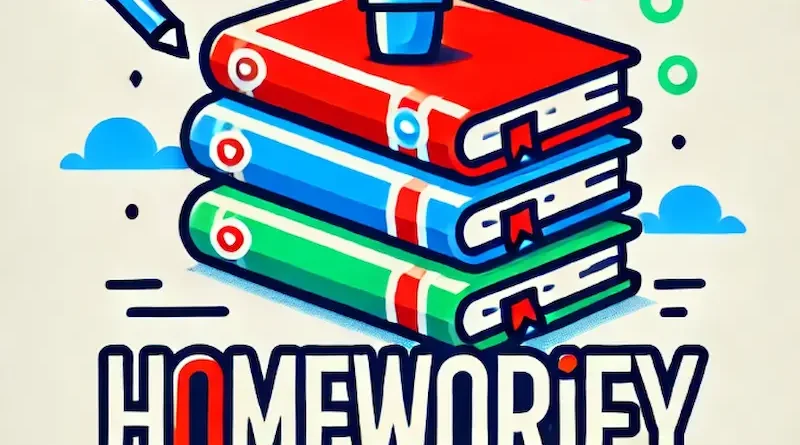 A vibrant digital illustration of three stacked books in red, blue, and green, topped with a small potted plant, with a floating pencil beside and the word 'HOMEWORIFY' written in bold, colorful letters below.