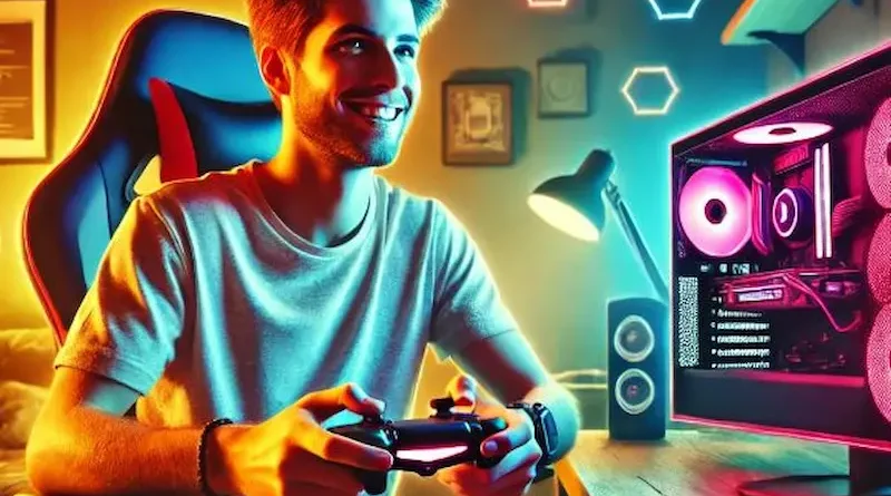 A young man sits in a neon-lit room, holding a game controller and playing on a large gaming setup. The room is illuminated with vibrant blue and pink neon lights, adding to the futuristic atmosphere.