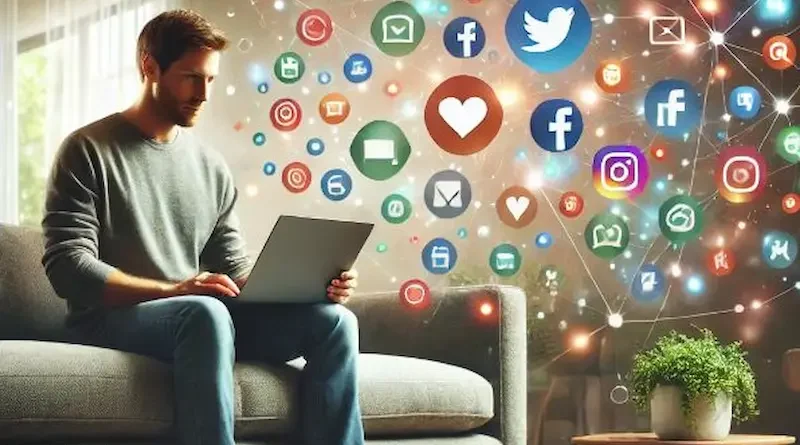 A young man sits on a gray sofa using a laptop, surrounded by floating social media icons and glowing connections in a modern, cozy living room.