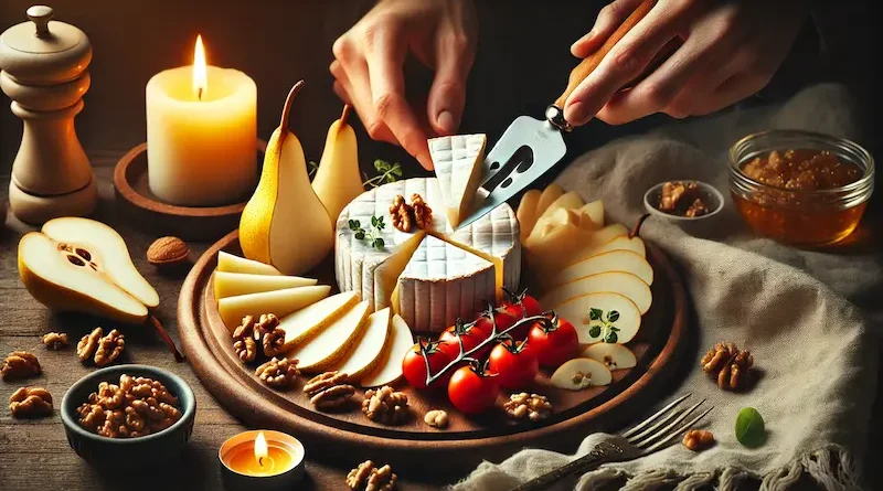 A beautifully arranged cheese platter with a round of soft cheese being sliced, surrounded by pear slices, walnuts, cherry tomatoes, and a small bowl of honey, all set in a warm, cozy ambiance with a lit candle.