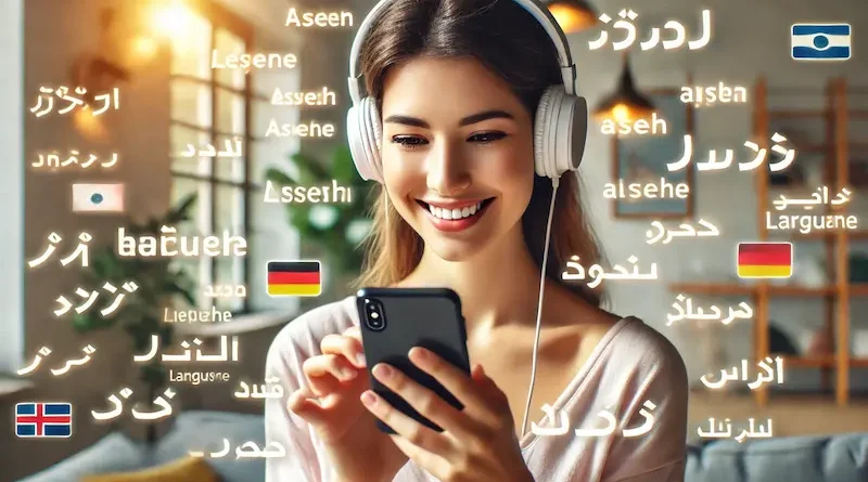 Young woman wearing headphones and using a smartphone, surrounded by various greetings in different languages, in a bright and modern indoor setting with plants and soft lighting.