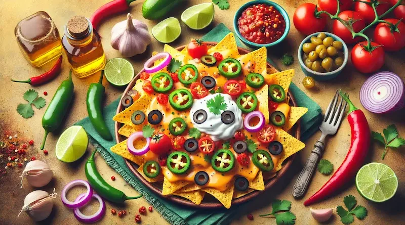 Plate of nachos topped with melted cheese, jalapenos, red onions, tomatoes, black olives, and sour cream, surrounded by fresh ingredients like lime wedges, chili peppers, cilantro, garlic, and salsa.