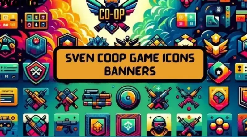 A colorful digital image showcasing "SVEN COOP GAME ICONS BANNERS" with retro-futuristic icons and a central "CO-OP" badge. The design features neon-like colors and pixel-art style, creating a vibrant, game-inspired visual theme.