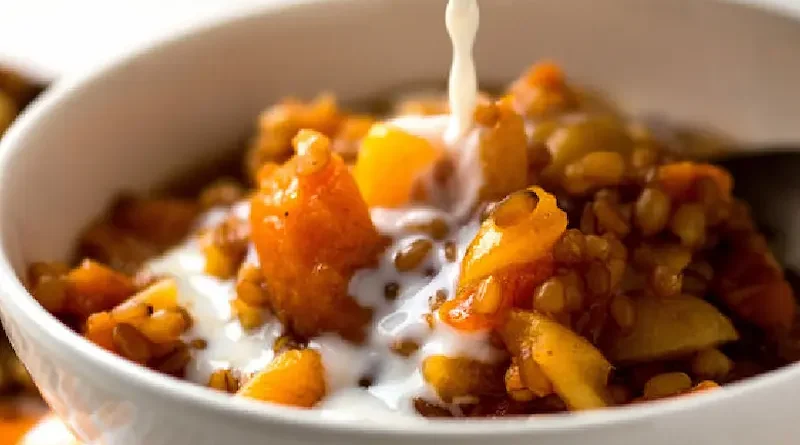 A close-up of a bowl filled with cooked grains and fruit, with milk being poured over the top.