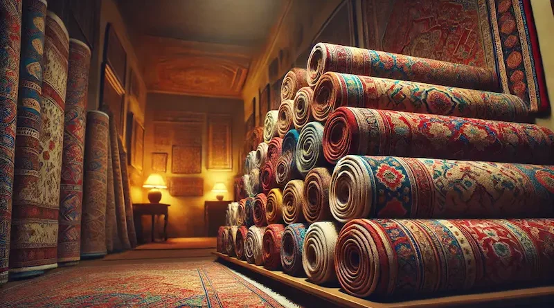 Room filled with stacks of rolled Persian rugs, showcasing rich patterns and intricate designs, in a warm and softly lit setting. Additional rugs are displayed in the background, creating a cozy and inviting atmosphere.