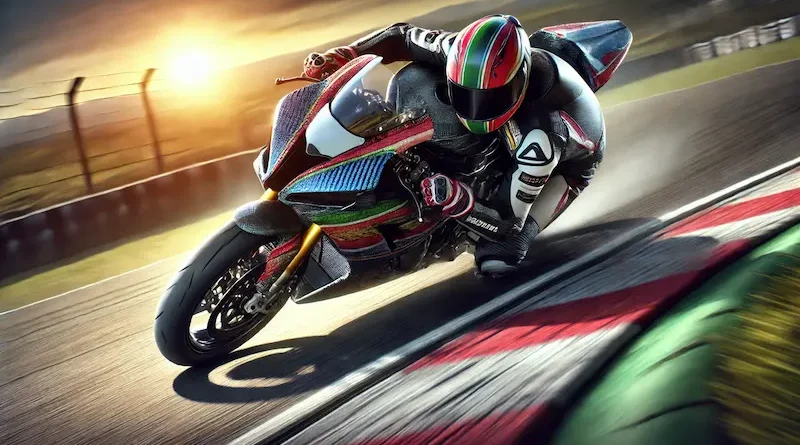 Motorcycle racer leaning into a sharp turn on a race track, with vibrant colors on the motorcycle and rider's gear, against a blurred background of the track and landscape, highlighting the speed and intensity of the race.