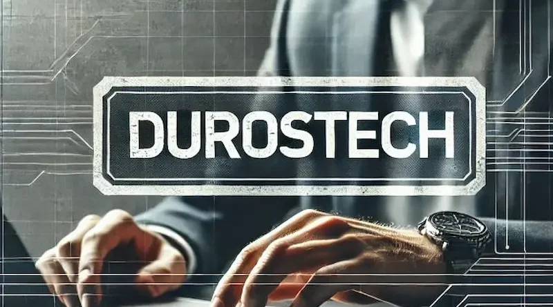 A high-tech image displaying the word "DUROSTECH" in a bold, metallic font. The background features a business professional in a suit, typing on a laptop, with digital lines and circuit patterns overlaying the scene, emphasizing a theme of technology and innovation.