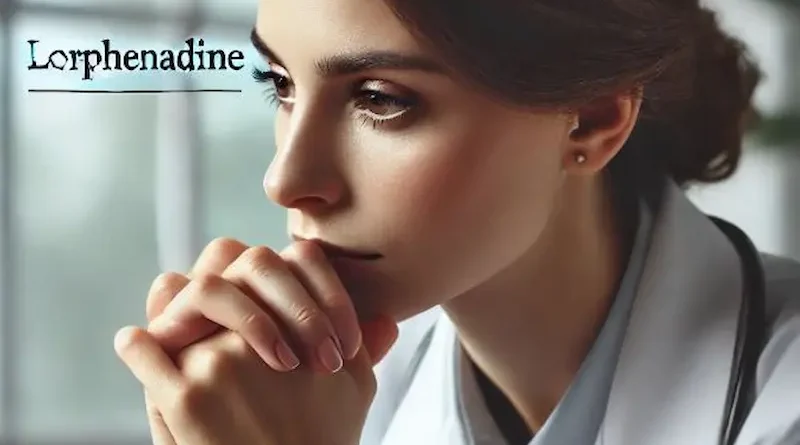 A young female doctor in a white lab coat sits by a window, hands clasped in front of her face, deep in thought. The word 'Lorphenadine' is displayed beside her.