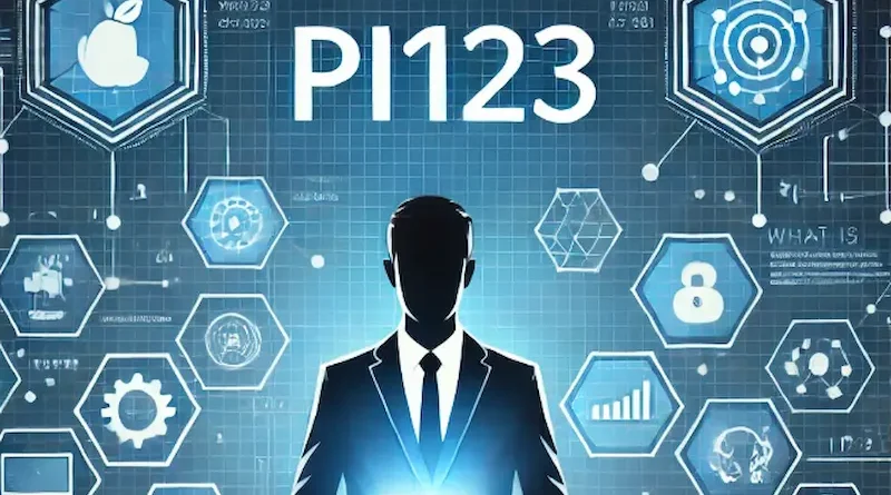 Silhouette of a person in a suit holding a glowing tablet, surrounded by futuristic hexagonal icons and digital interface elements, with the text 'WHAT IS PI123' at the top.