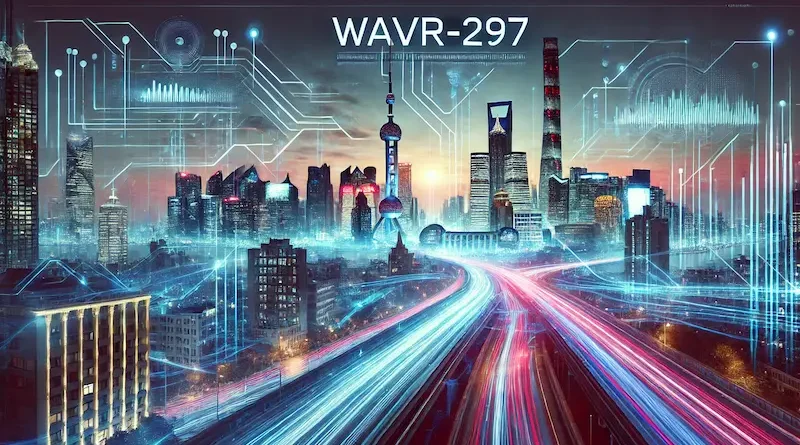 Futuristic city skyline at dusk with glowing light trails and neon colors, highlighting advanced technology and innovation, with the text "Wavr-297" displayed at the top.