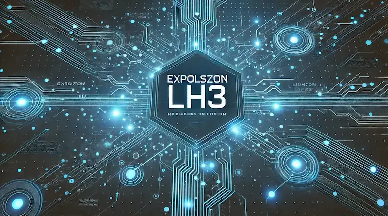 Futuristic blue digital background with glowing circuit-like lines and "Expolszon LH3" written in the center, representing technology and innovation.