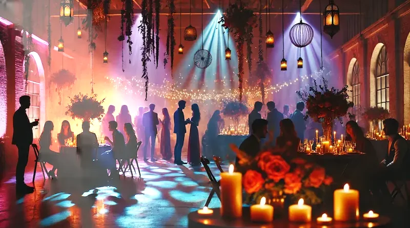 A cozy event with dim lighting, candles, and hanging lights. People socialize around tables with floral centerpieces, while purple and blue spotlights create a vibrant and intimate atmosphere.