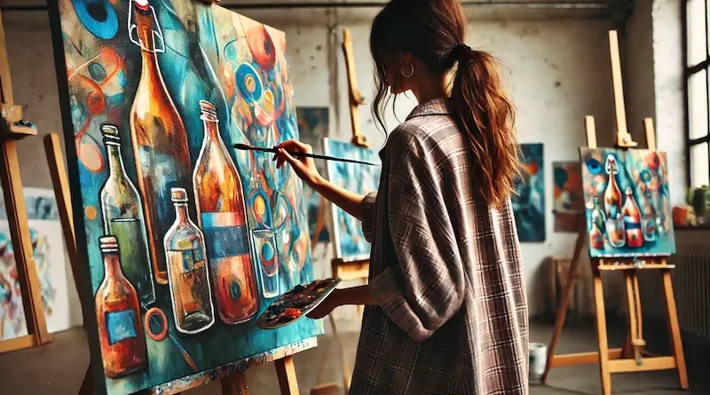 A woman painting an abstract artwork on a canvas in an art studio, wearing a flannel shirt, surrounded by other easels and paintings.