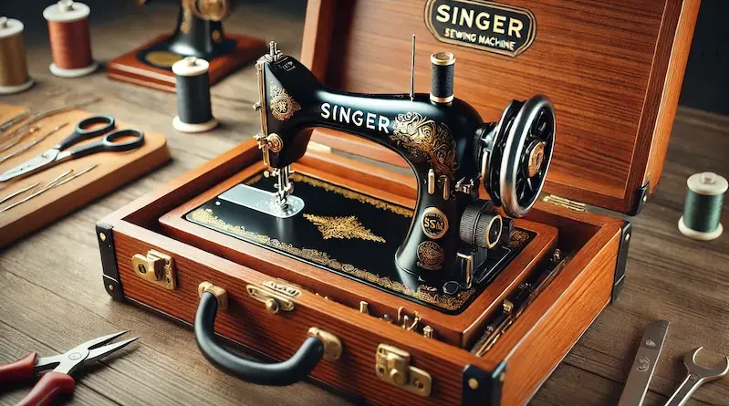 Singer sewing machine in a polished wooden case with black and gold detailing, surrounded by sewing tools on a worktable.