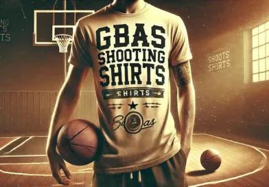 Basketball player wearing a shirt with "GBAS Shooting Shirts" in bold text, standing on a basketball court with a hoop and ball in the background.