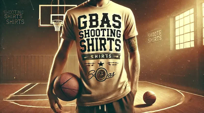 Basketball player wearing a shirt with "GBAS Shooting Shirts" in bold text, standing on a basketball court with a hoop and ball in the background.