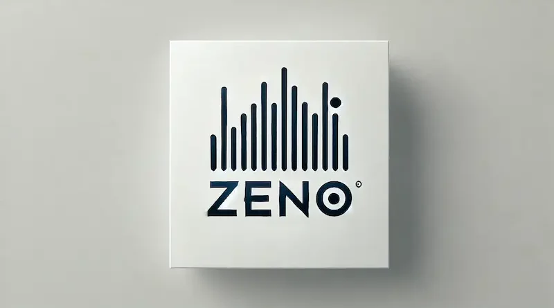 Zeno company logo with modern dark blue font and vertical shapes resembling sound waves on a white background, representing simplicity and innovation.