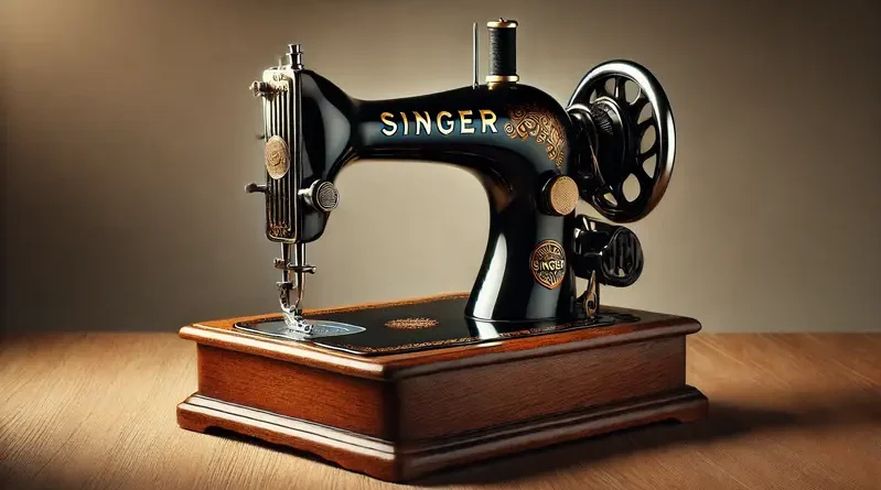 Vintage black Singer sewing machine with gold lettering, wooden base, and hand-crank mechanism displayed on a wooden surface.