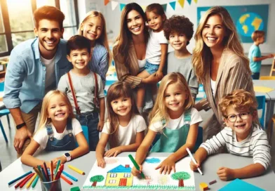 A group of young children and teachers smiling while collaborating on a drawing project in a classroom, using colorful markers on a large sheet of paper.