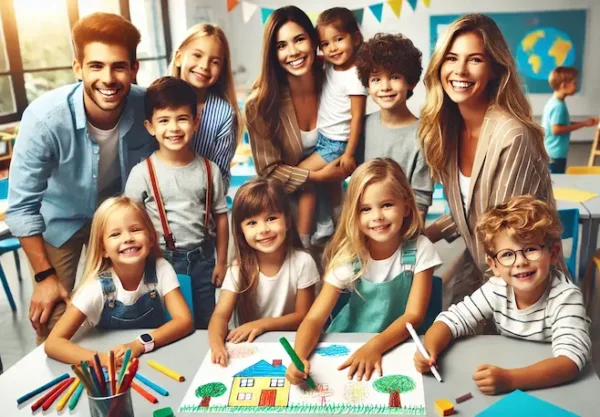 A group of young children and teachers smiling while collaborating on a drawing project in a classroom, using colorful markers on a large sheet of paper.