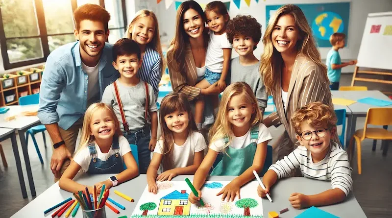 A group of young children and teachers smiling while collaborating on a drawing project in a classroom, using colorful markers on a large sheet of paper.