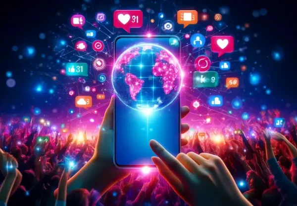 A vibrant digital scene of a smartphone held by two hands, displaying a glowing globe surrounded by colorful social media icons like likes and comments. A crowd of people reaches up toward the screen, with bright blue and pink lights filling the background.