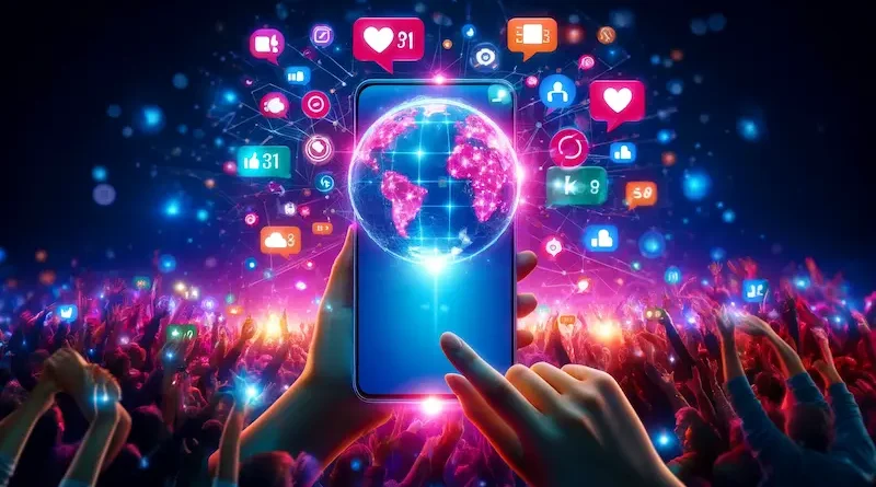 A vibrant digital scene of a smartphone held by two hands, displaying a glowing globe surrounded by colorful social media icons like likes and comments. A crowd of people reaches up toward the screen, with bright blue and pink lights filling the background.