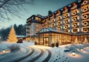 A winter evening scene of a hotel entrance with a modern glass canopy, snow-covered ground, and illuminated Christmas tree, with tire and footprint tracks in the snow.