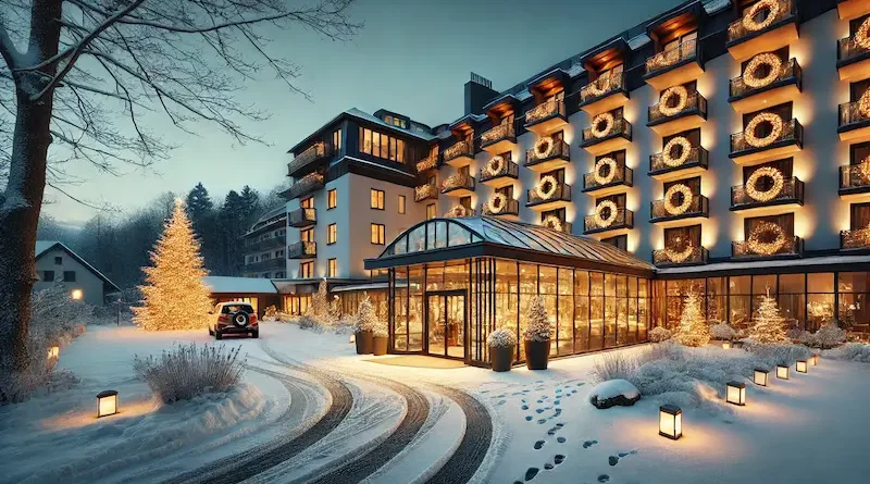 A winter evening scene of a hotel entrance with a modern glass canopy, snow-covered ground, and illuminated Christmas tree, with tire and footprint tracks in the snow.