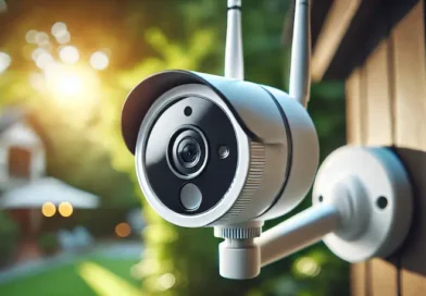 A modern outdoor security camera mounted on a wall with two antennas, featuring a sleek design and glossy lens, set against a blurred background of greenery and sunlight.