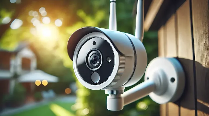 A modern outdoor security camera mounted on a wall with two antennas, featuring a sleek design and glossy lens, set against a blurred background of greenery and sunlight.