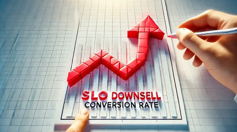 Red upward arrow on a white grid chart with the text "SLO Downsell Conversion Rate," symbolizing growth in conversion rate.