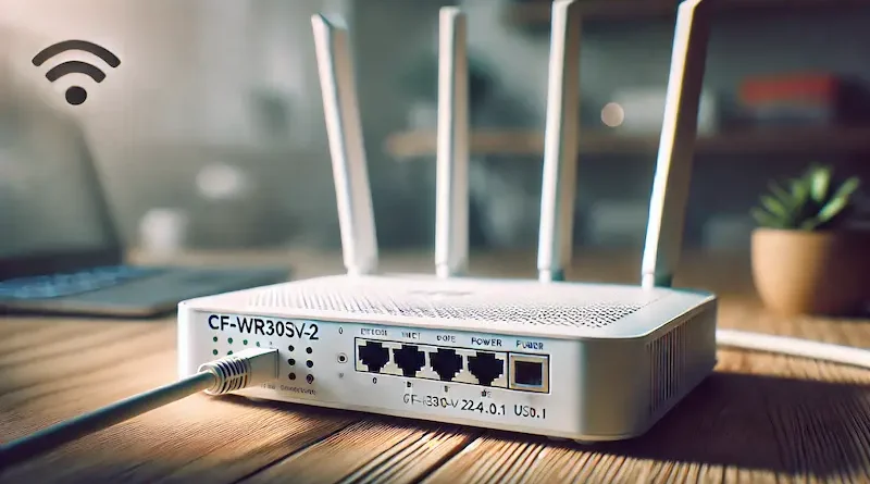 Close-up of a white Wi-Fi router with antennas and connection ports labeled "CF-WR30SV2-v2.4.0.1" on a wooden desk with blurred cables in the background.