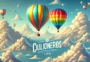 Two colorful hot air balloons floating in a clear blue sky above the clouds, with the word "CIULIONEROS" displayed below.