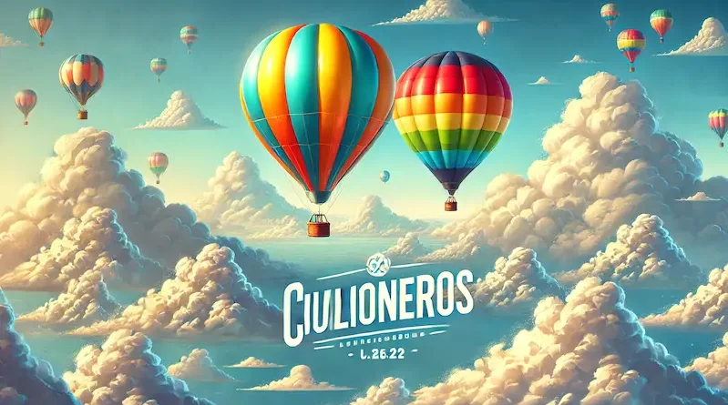 Two colorful hot air balloons floating in a clear blue sky above the clouds, with the word "CIULIONEROS" displayed below.