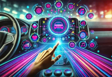 A futuristic vehicle dashboard with a hand interacting with a touchscreen display. Colorful app icons radiate from the screen, symbolizing digital controls and connectivity within the car's interior.