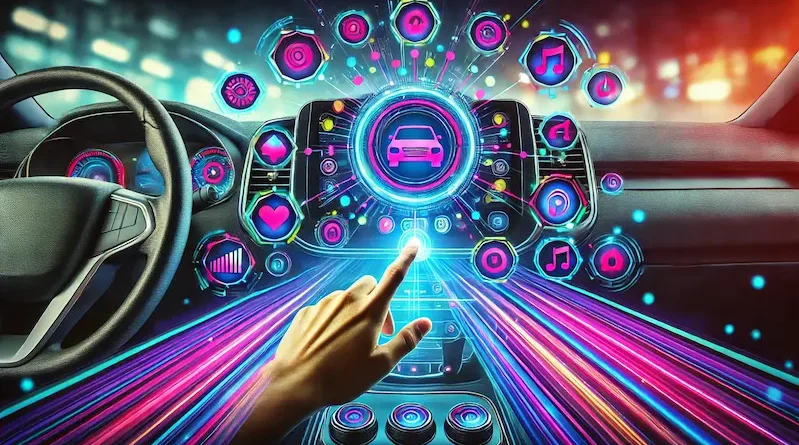 A futuristic vehicle dashboard with a hand interacting with a touchscreen display. Colorful app icons radiate from the screen, symbolizing digital controls and connectivity within the car's interior.